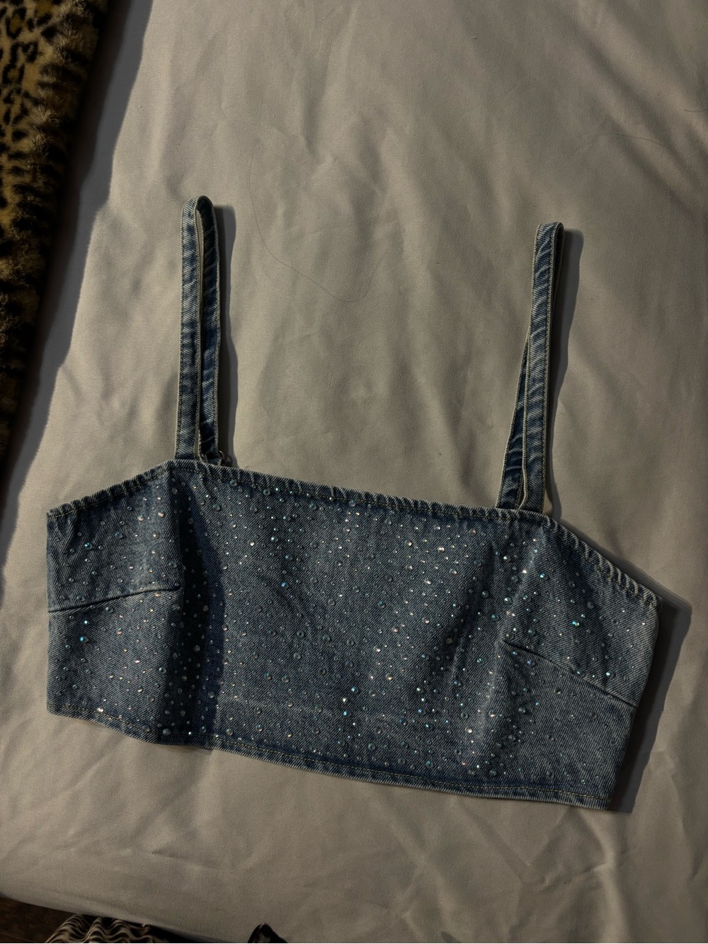 Denim Rhinestone Crop Top Tank - Blue
